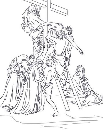 Remoção do corpo de Jesus da cruz para colorir. Cena da Crucificação com figuras expressando tristeza e apoio.