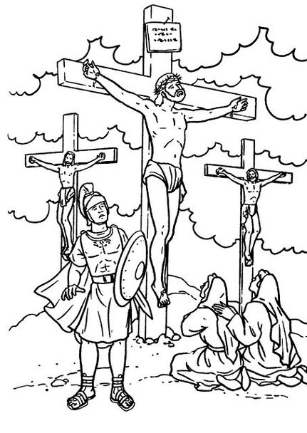 Crucificação de Jesus: Desenho para colorir com soldados romanos e figuras em luto.