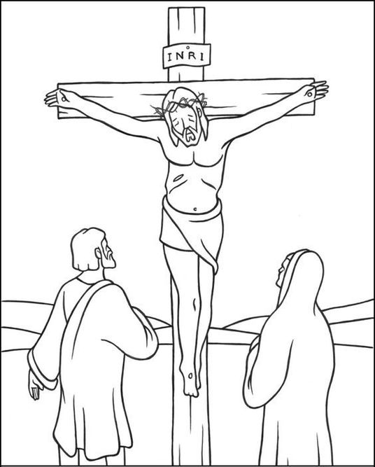 Desenho para colorir da crucificação de Jesus Cristo. Jesus na cruz com coroa de espinhos e inscrição INRI.