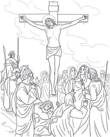 Crucificação de Jesus Cristo para colorir: cena bíblica com multidão e soldados romanos.