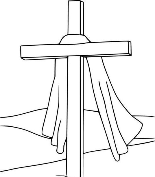 Desenho da Crucificação de Jesus para colorir: Cruz adornada com tecido drapeado e terreno inclinado ao fundo.