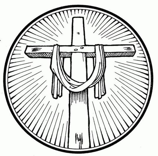 Crucificação de Jesus para colorir: Imagem religiosa com cruz de madeira e irradiação divina.
