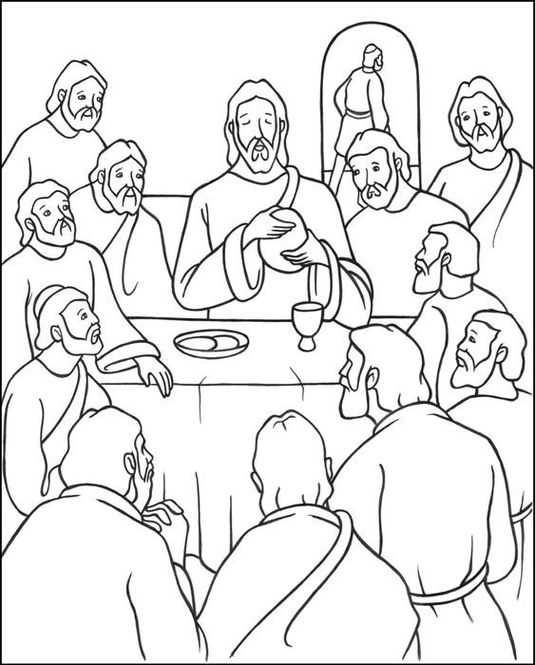 Desenho da Última Ceia para colorir: Jesus servindo seus discípulos.