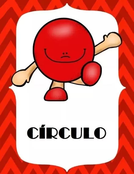 Forma Geométrica Círculo Sorrindo para Imprimir. Cartão colorido com círculo vermelho e a palavra 'CÍRCULO'.