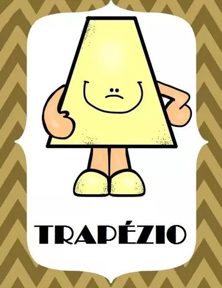 Trapézio divertido para imprimir: desenho colorido com rosto e padrão chevron dourado.