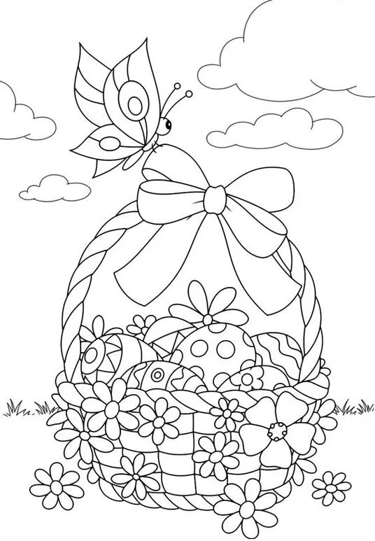 Cesta de ovos decorados com borboleta para colorir. Lindo desenho para a Páscoa.