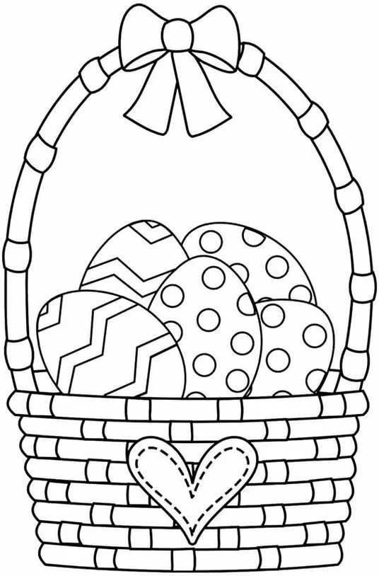 Cesta de Páscoa com ovos decorados para colorir. Desenho artístico detalhado de cesta com laço e ovos com padrões.