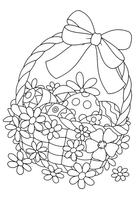 Cesta de Ovos de Páscoa para Colorir: Desenho detalhado com flores e ovos decorados.