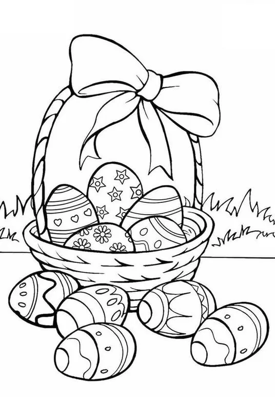 Cesta de Ovos Decorados para Colorir: Desenhos Detalhados com Laço e Ovos Espalhados na Relva