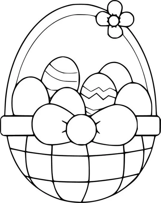Cesta de ovos de Páscoa com flor para colorir. Desenho detalhado com ovos decorados e laço.