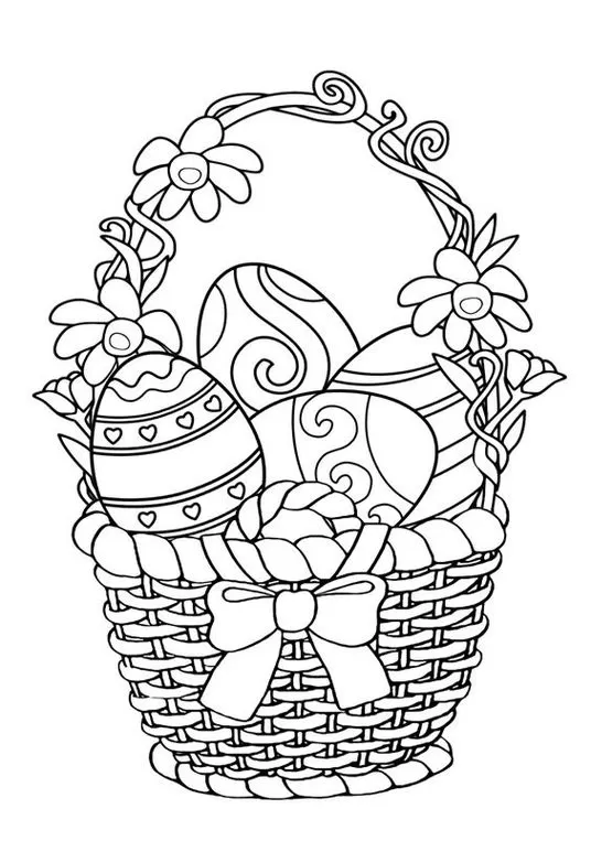 Cesta de Ovos de Páscoa Enfeitada: Desenhos para Colorir com Ovos Decorados e Flores