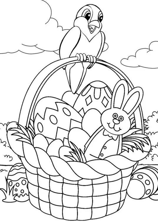 Cesta de Páscoa com ovos decorados e passarinho para colorir. Desenho detalhado com coelho de pelúcia, ideal para atividades criativas.