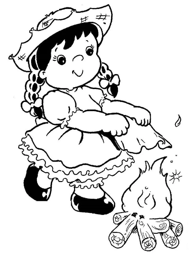 Desenho Festa Junina: Menina Abanando Fogueira para Colorir