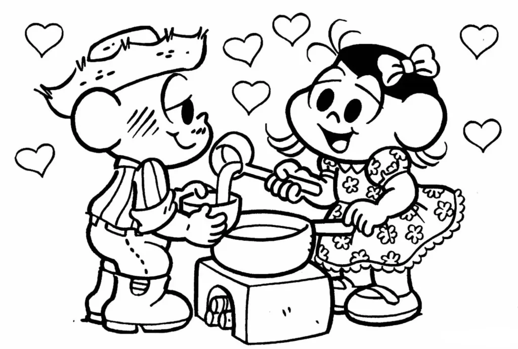 Desenho de Festa Junina: Crianças preparando canjica para colorir.