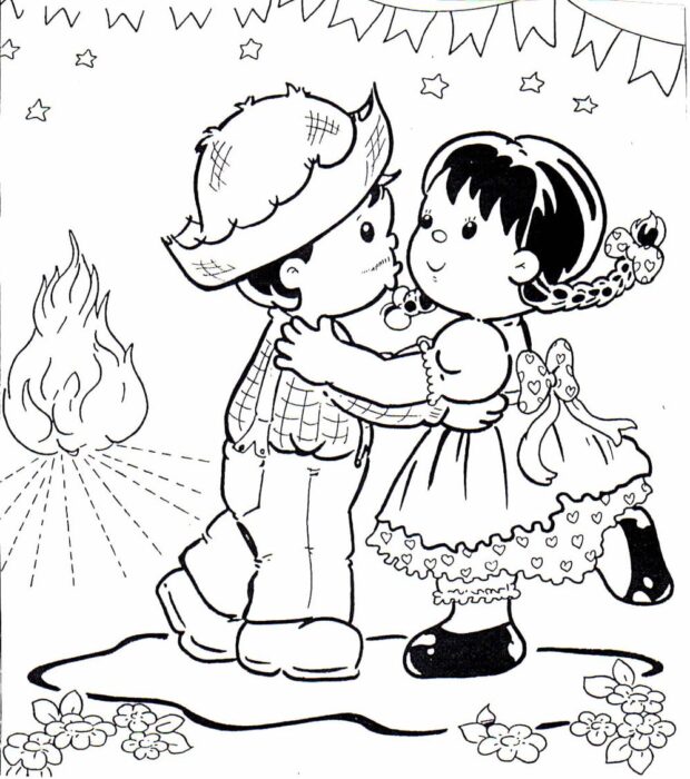 Casal dançando em festa junina para colorir. Desenho de São João com fogueira e bandeirinhas.