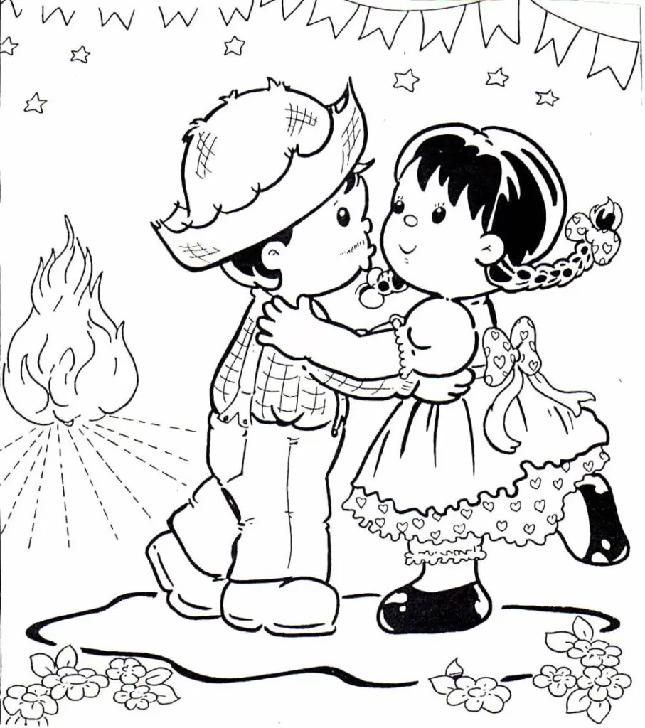 Desenhos de Festa Junina para colorir em PDF. A imagem contém um casal dançando
