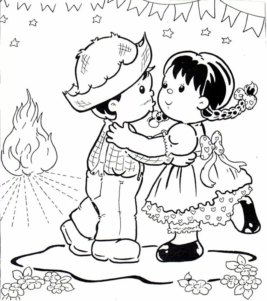 Casal dançando em festa junina para colorir. Desenho de São João com fogueira e bandeirinhas.