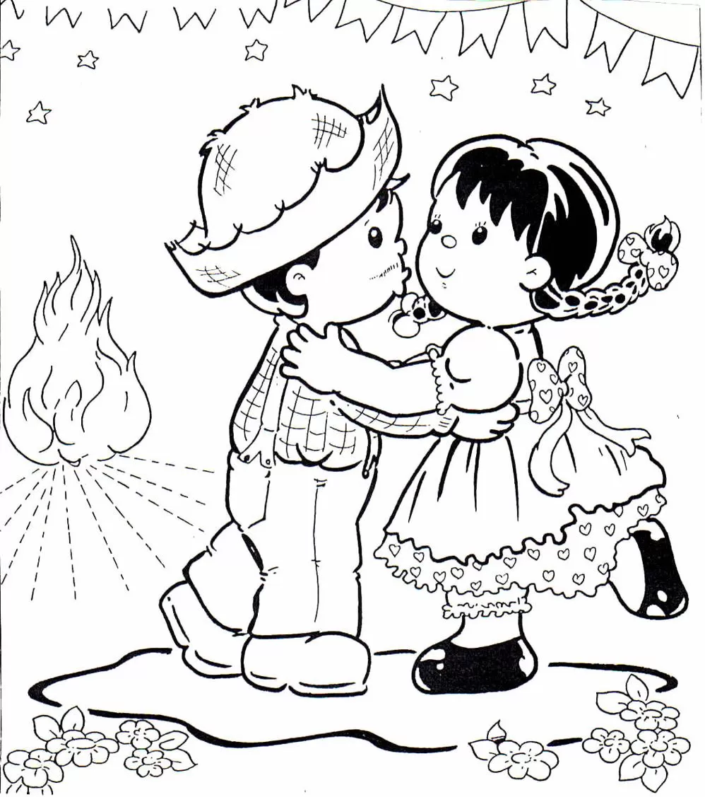 Casal dançando em festa junina para colorir. Desenho de São João com fogueira e bandeirinhas.