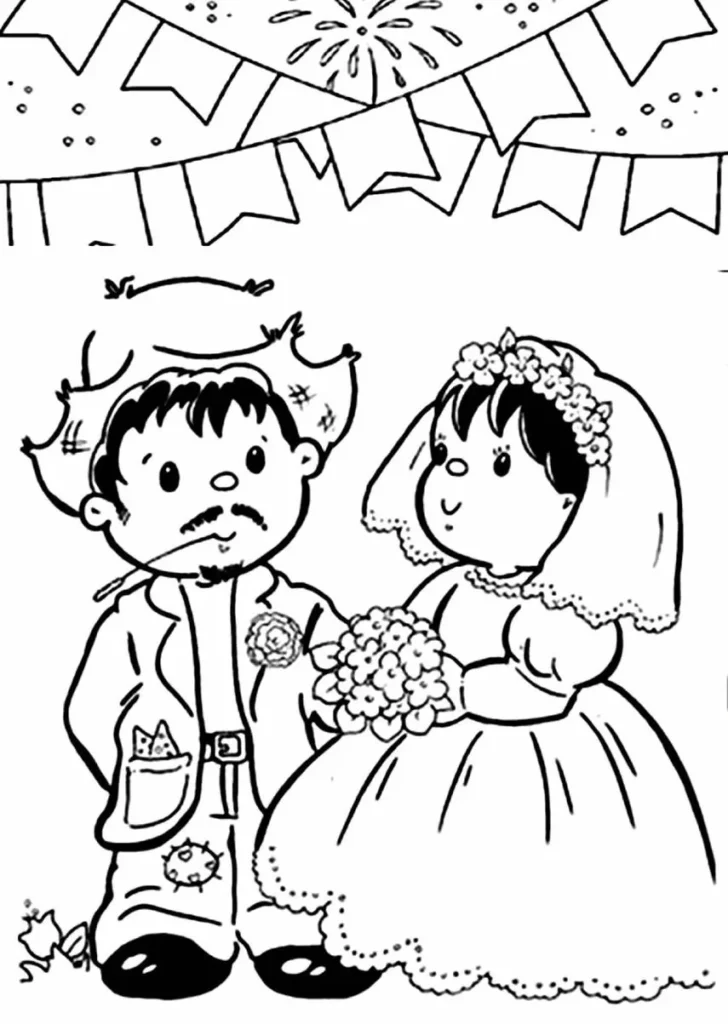 Desenho de Noiva Caipira para Colorir: Festa Junina Tradicional