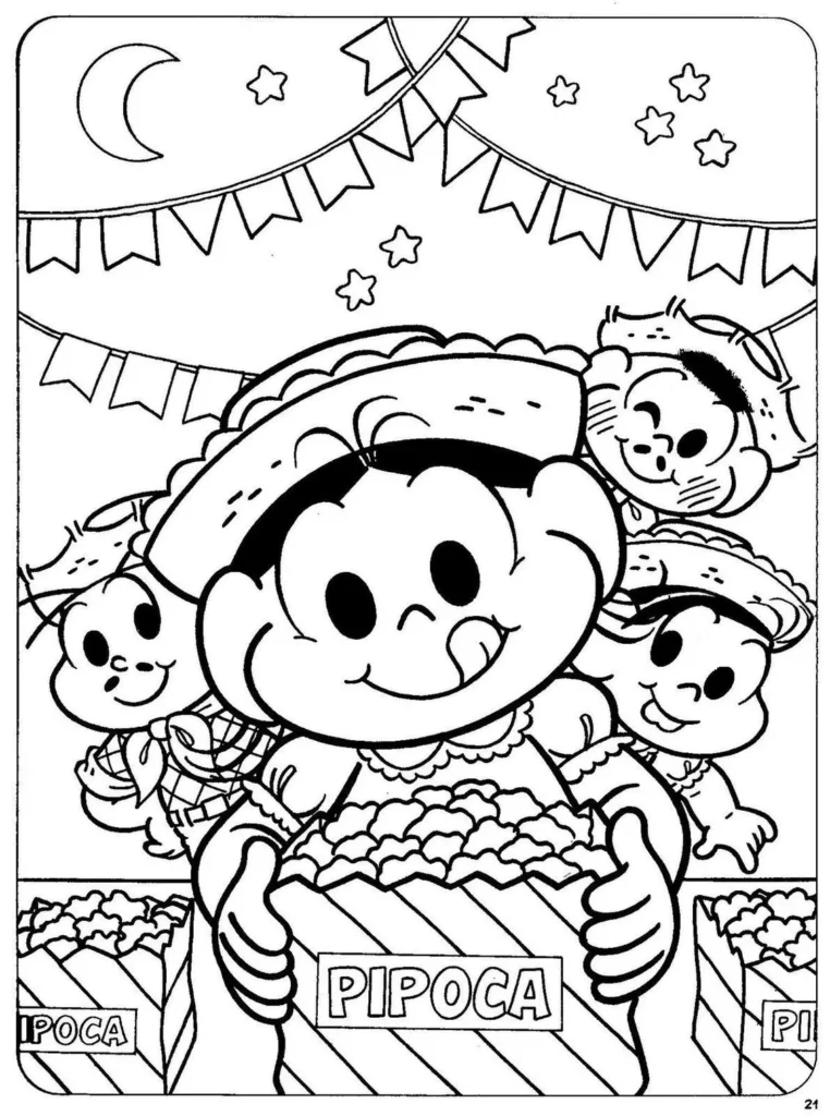 Desenho de Festa Junina: Criança com pipoca para colorir.