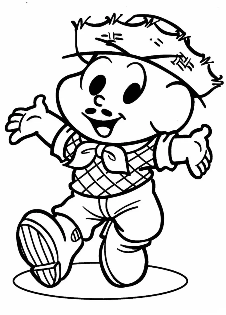 Garoto com roupa de festa junina para colorir. Desenho de arraial com menino caipira sorrindo.