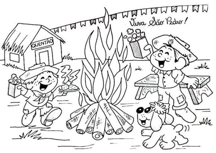 Desenho de Festa Junina São Pedro para colorir: fogueira, quentão e alegria