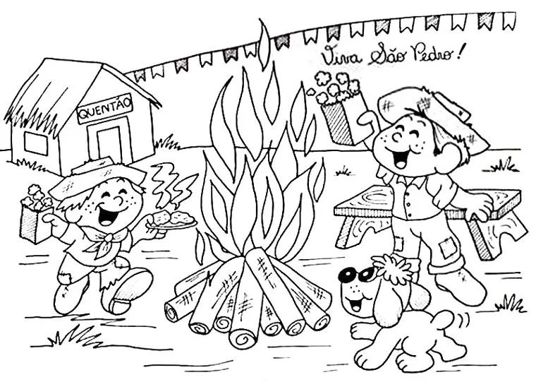 Desenho de Festa Junina São Pedro para colorir: fogueira, quentão e alegria