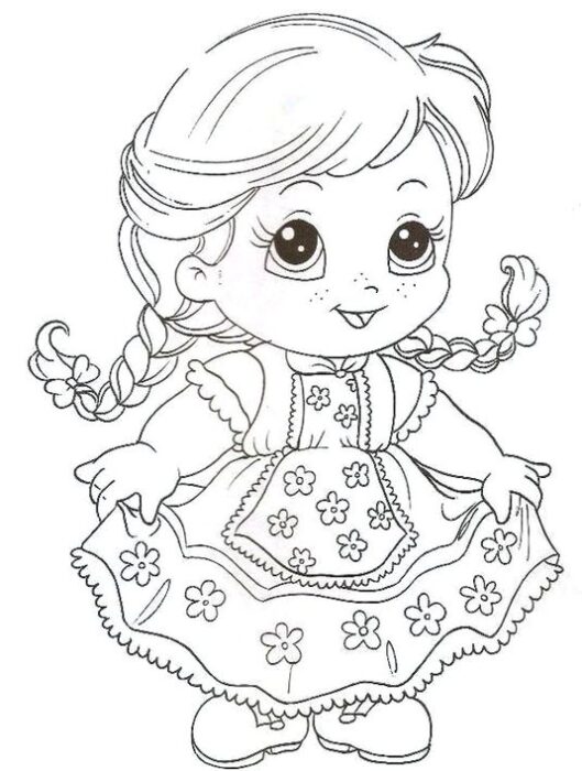 Desenho de menina com vestido de Festa Junina para colorir. Criança sorrindo com tranças e traje florido, ideal para atividades juninas.