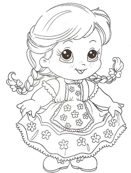 Desenho de menina com vestido de Festa Junina para colorir. Criança sorrindo com tranças e traje florido, ideal para atividades juninas.