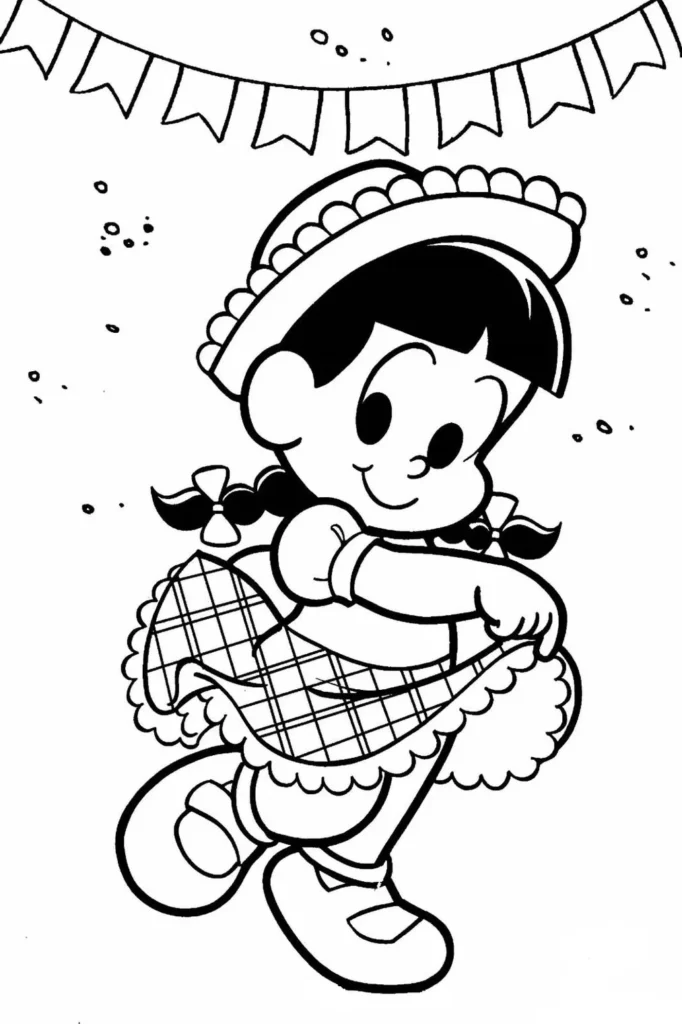Menina com vestido de Festa Junina para colorir. Desenho de São João com bandeirolas e confetes.