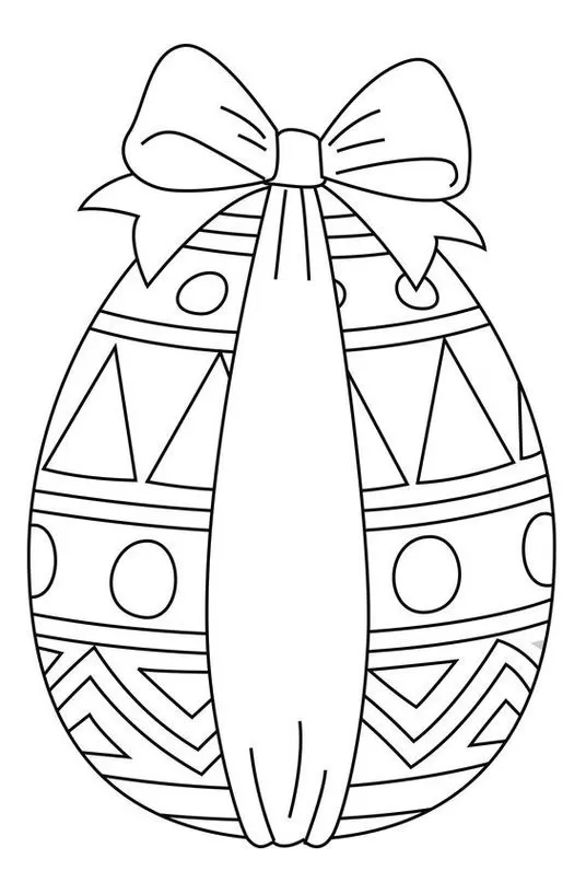 Ovo de Páscoa com laço para colorir. Desenho detalhado com padrões geométricos.