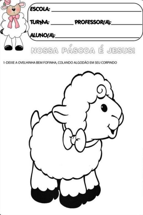 Atividade Páscoa Cristã: Cole algodão na ovelha. Tarefa para crianças com desenho de ovelha para colar algodão e celebrar a Páscoa com Jesus.