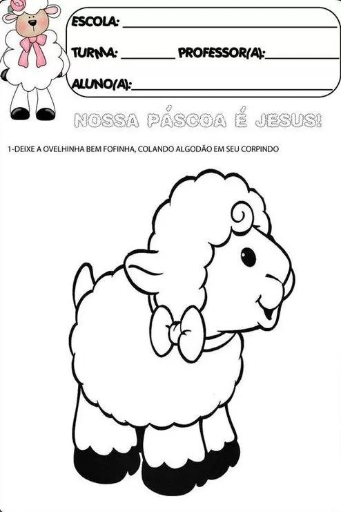 Atividade Páscoa Cristã: Cole algodão na ovelha. Tarefa para crianças com desenho de ovelha para colar algodão e celebrar a Páscoa com Jesus.