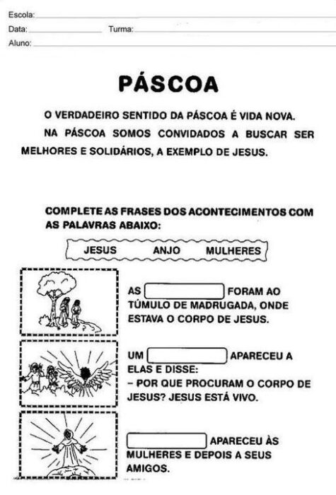 Atividade de Páscoa Cristã: complete as frases sobre Jesus, anjo e as mulheres no túmulo. Material escolar para celebrar a ressurreição.