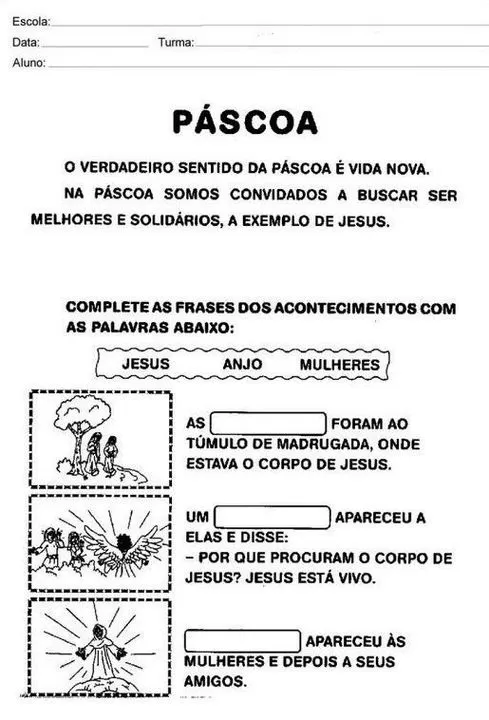 Atividade de Páscoa Cristã: complete as frases sobre Jesus, anjo e as mulheres no túmulo. Material escolar para celebrar a ressurreição.