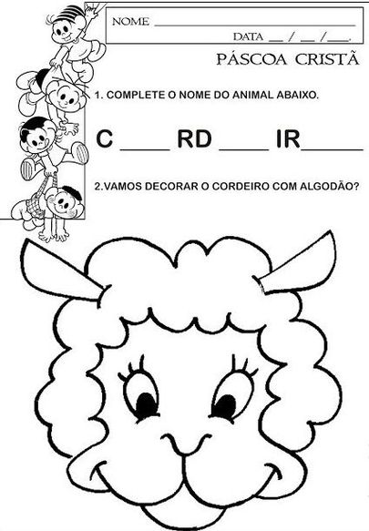 Atividade de Páscoa: Cordeiro para pintar e decorar. Exercício para crianças completarem o nome do animal e usarem algodão na decoração.