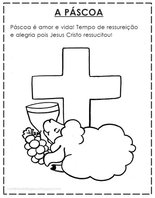 Desenho Páscoa Cristã Ressurreição para colorir: Cruz, cálice, cordeiro e uvas.