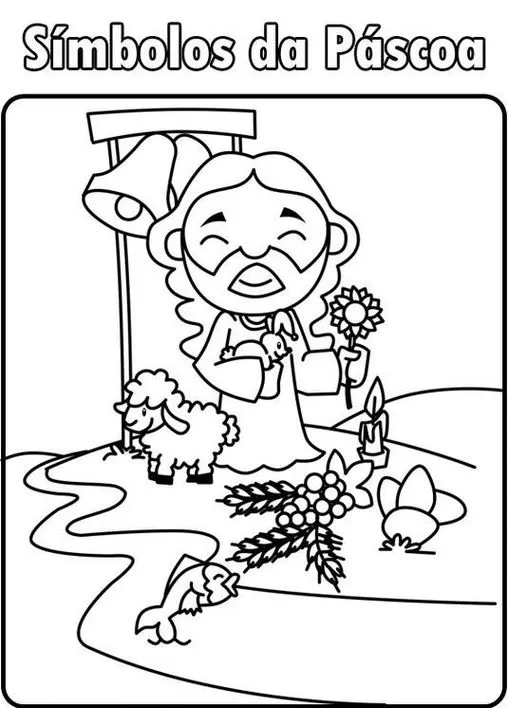 Símbolos da Páscoa Cristã: desenho para colorir com Jesus, cordeiro, vela, ovos e outros elementos da celebração.