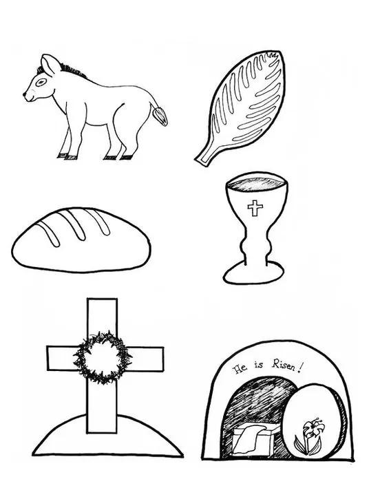 Desenhos da Páscoa Cristã: Jumento, palmeira, pão, cálice, cruz, túmulo aberto e lírio representam a ressurreição.