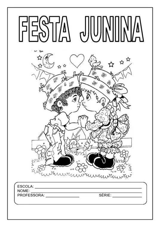 Capa Festa Junina: Desenho com casal caipira, coração e decoração junina para caderno escolar.