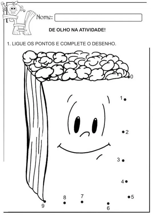 Atividade Junina: Complete o desenho do livro de pipoca! Exercício escolar divertido para ligar os pontos de 0 a 9.
