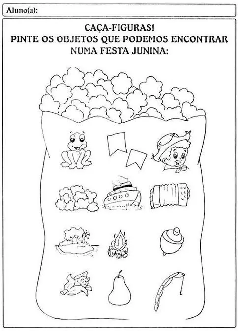 Caça-figuras Festa Junina: encontre objetos típicos como fogueira, balão e sanfona em um saco de pipoca.