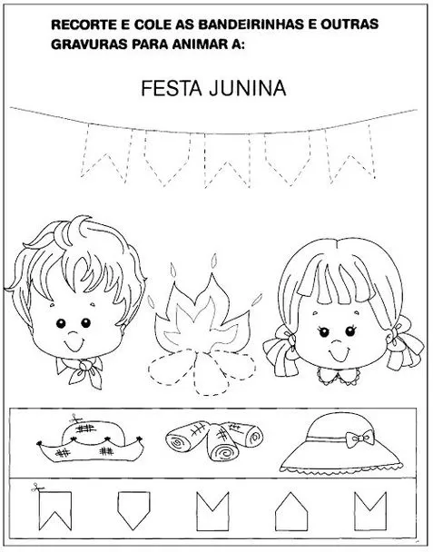 Atividade Festa Junina: Recorte e cole bandeirinhas, caipiras e fogueira para decorar sua festa. Material divertido para crianças.