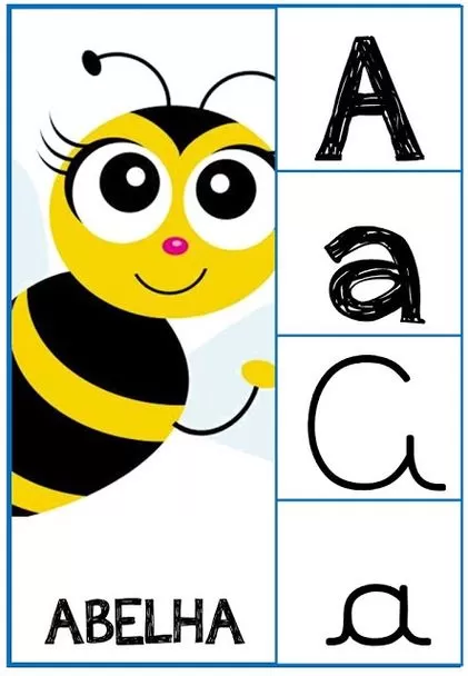 Desenhos do Alfabeto para imprimir em PDF. A imagem contém a letra a e uma abelha