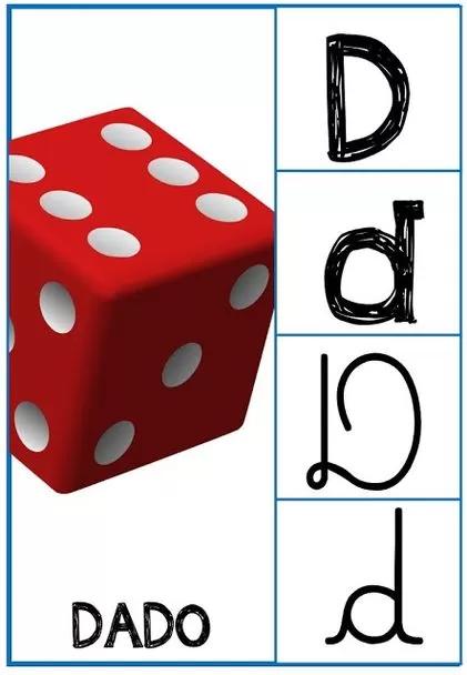 Alfabeto Letra D para Imprimir: Dado Vermelho e Letras D em Diversos Estilos