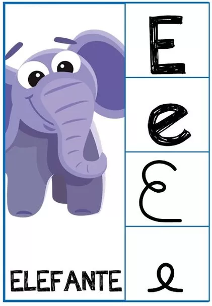Alfabeto Letra E para Imprimir: Elefante divertido e diferentes estilos da letra E