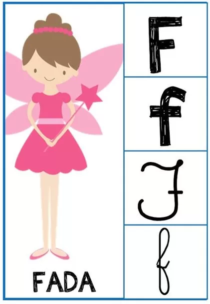 Alfabeto Letra F para colorir: Fada rosa e exemplos da letra 'F' em diferentes estilos.
