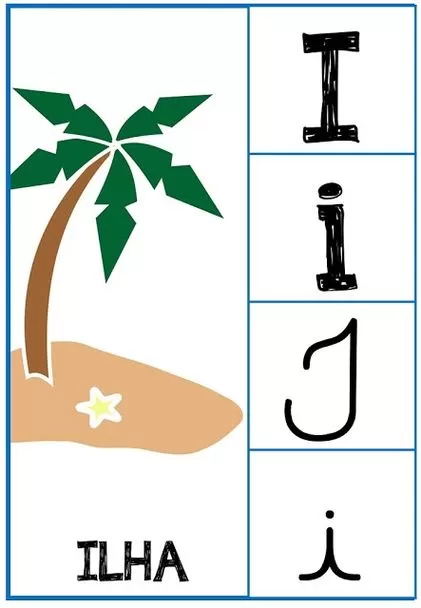 Letra I do Alfabeto: Desenho de Ilha para Imprimir. Aprenda o alfabeto com imagens divertidas.