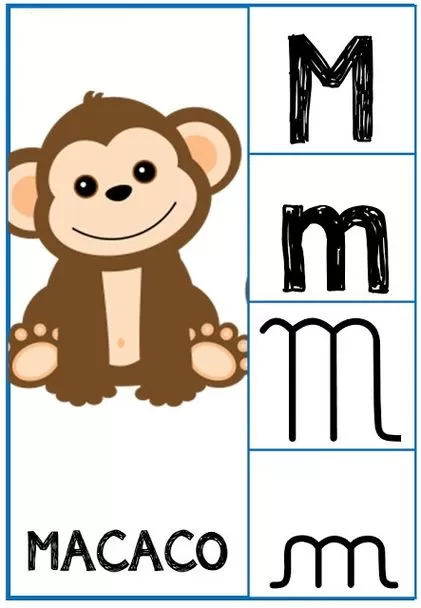 Letra M do Alfabeto para imprimir: Macaco e diferentes estilos da letra M.