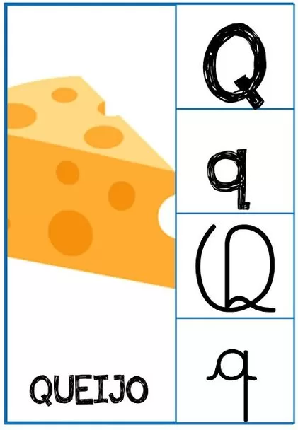 Letra Q para colorir: Queijo e variações da letra Q para atividades com alfabeto.